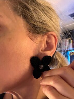 Black Crochet Flower Earrings w/ Sparkle Center — Lightweight Statement